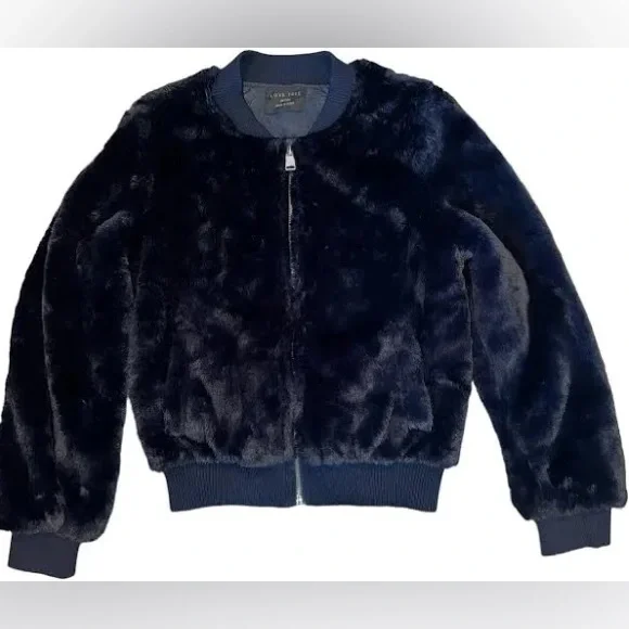 🤩🤩🤩🤩❄️❄️❄️☃️🎿⛷️ dark navy faux fur zip closure bomber jacket size s, worn 1x - Picture 3 of 7